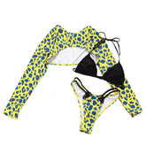 3-teilige Bademode mit Neckholder und langen Ärmeln im Leopardenmuster und Kontrast